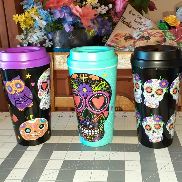 GROOVY GLAM Turquoise Blue Day of the Dead Sugar Skull Travel Tumbler with Lid - Picture 6 of 6